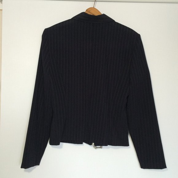 Vintage Joseph Ribkoff Womens Striped Jacket Sz 10 Navy Blue Belted Zip Closure - Picture 2 of 10